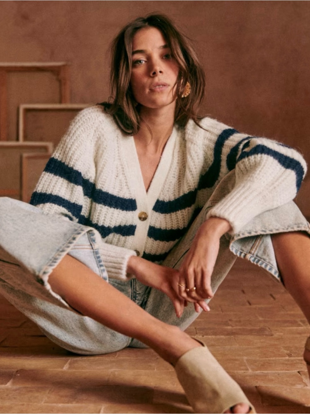 Sézane Basile Cardigan in Ecru / Navy Stripe. Size S